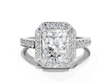 White gold Radiant Cut Halo Diamond Ring with Pavé Band and Three-Prong Setting_96