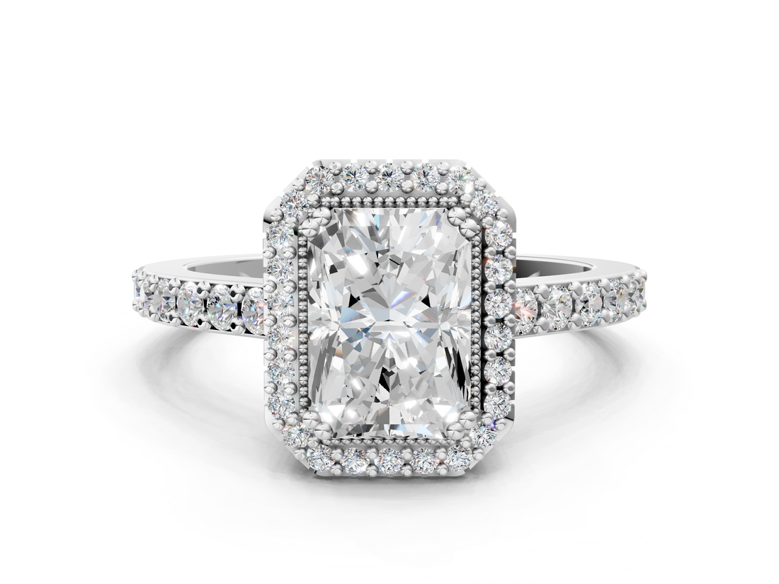 White gold Radiant Cut Halo Diamond Ring with Pave Band and Four-Prong Setting_32
