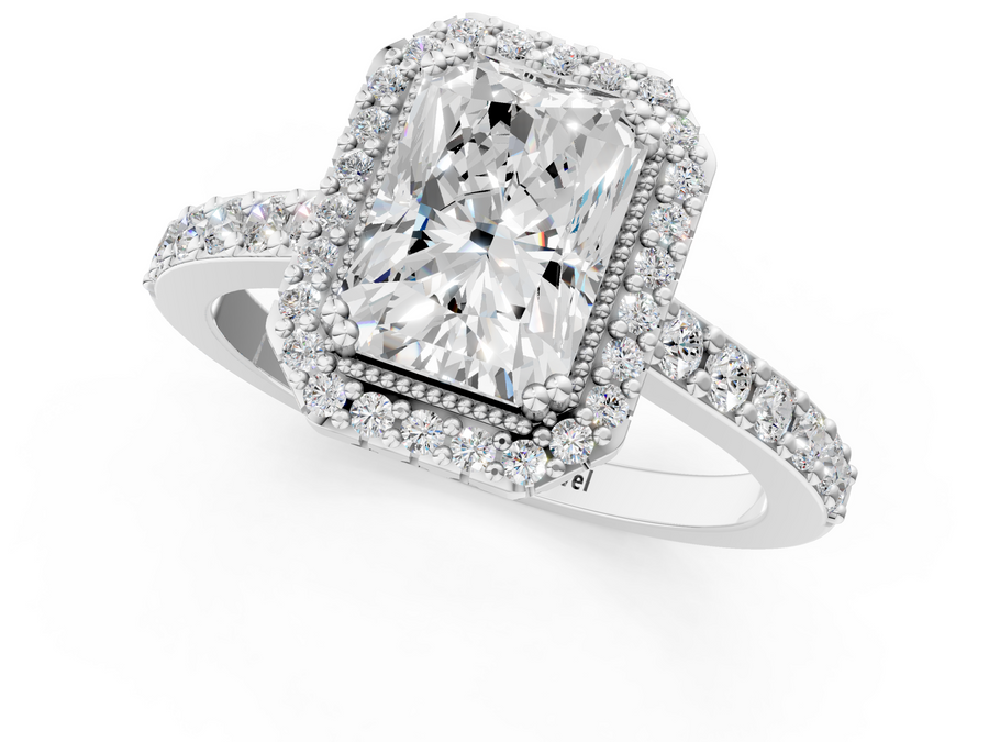 White gold Radiant Cut Diamond Halo Engagement Ring with Milgrain Detail and Pavé Band