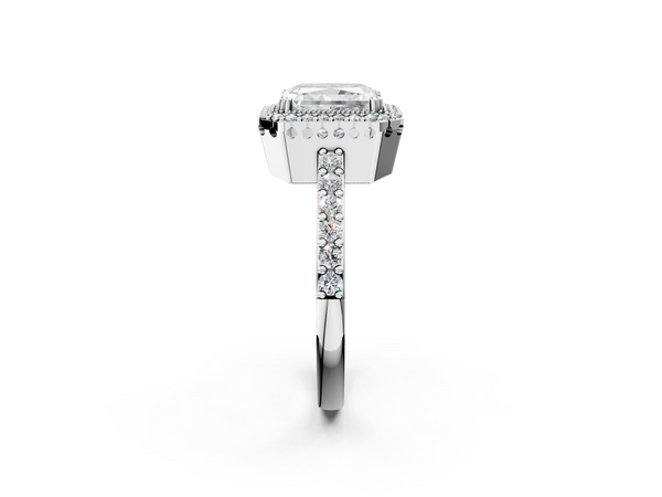 White gold Radiant Cut Diamond Halo Engagement Ring with Milgrain Detail and Pavé Band