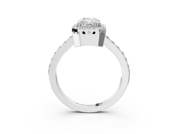 White gold Radiant Cut Diamond Halo Engagement Ring with Milgrain Detail and Pavé Band