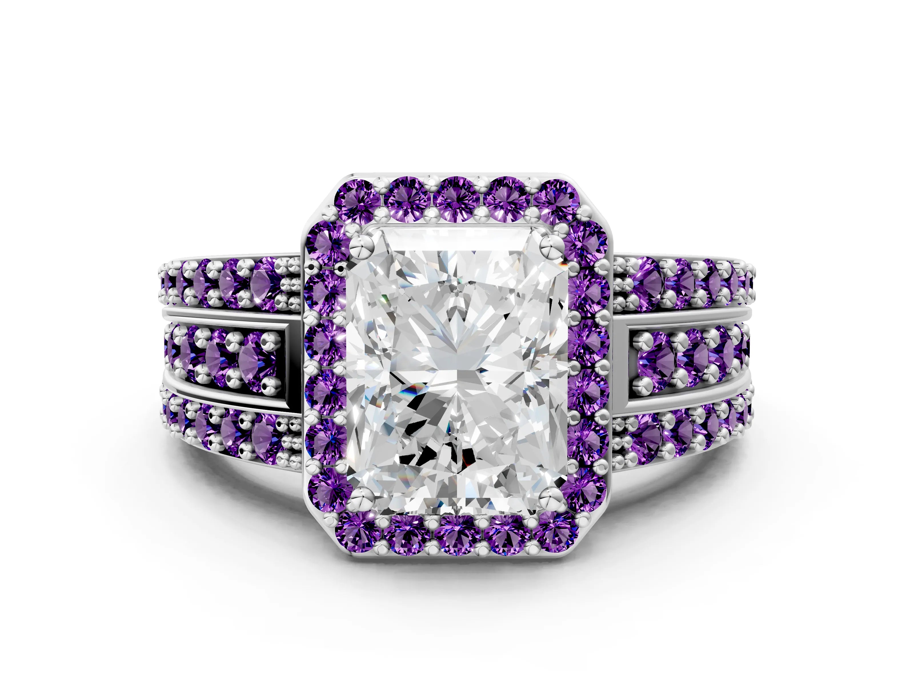 White gold Radiant Cut Halo Diamond Ring with Round with Amethyst side stone Split Shank and Prong Setting_12
