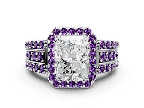 White gold Radiant Cut Halo Diamond Ring with Round with Amethyst side stone Split Shank and Prong Setting_12