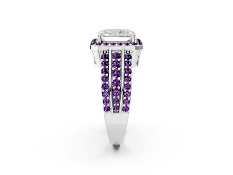 White gold Radiant Cut Halo Diamond Ring with Round with Amethyst side stone Split Shank and Prong Setting_14