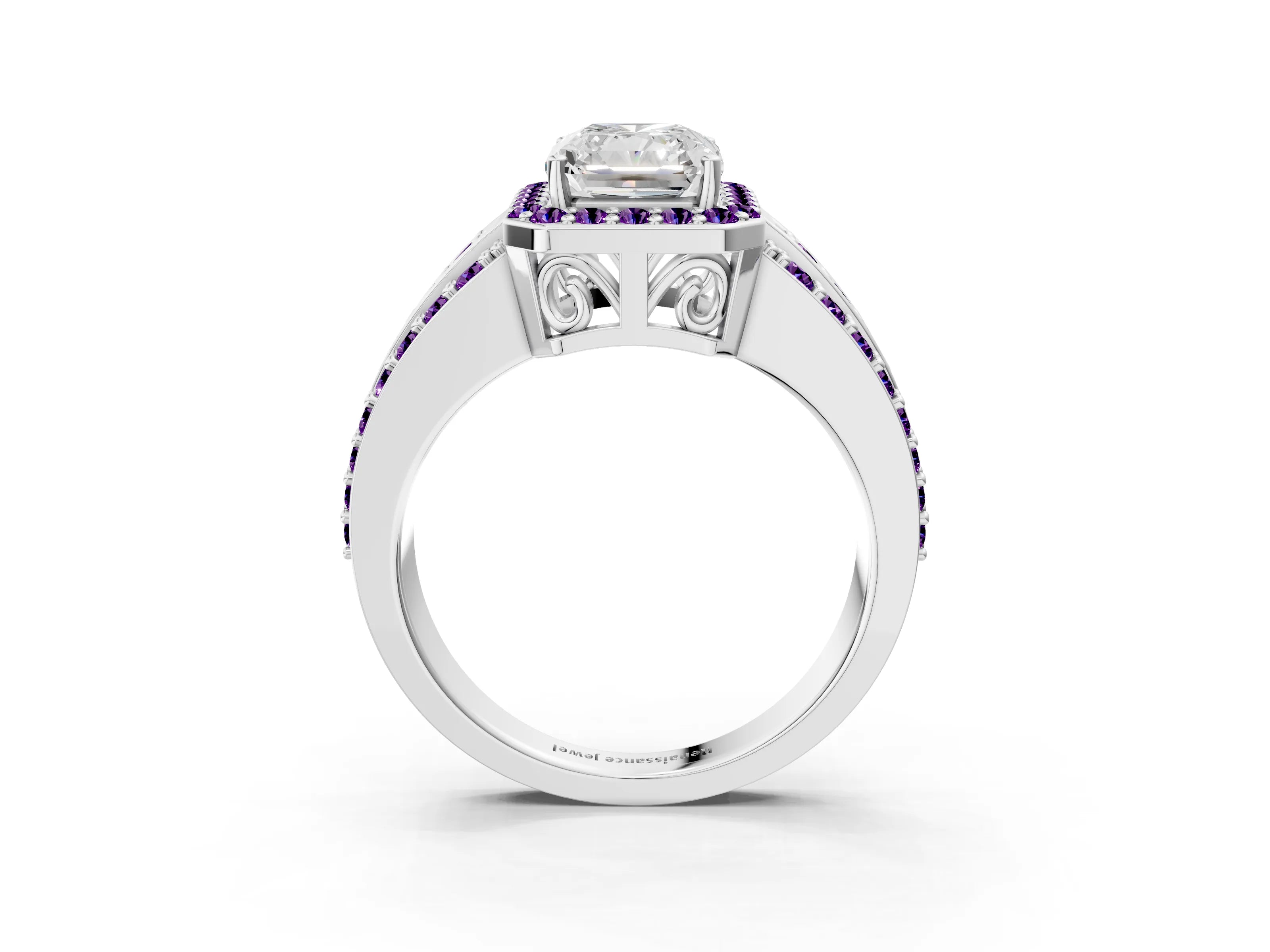 White gold Radiant Cut Halo Diamond Ring with Round with Amethyst side stone Split Shank and Prong Setting_15