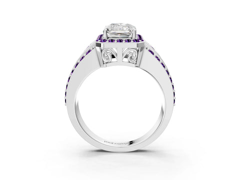 White gold Radiant Cut Halo Diamond Ring with Round with Amethyst side stone Split Shank and Prong Setting_15