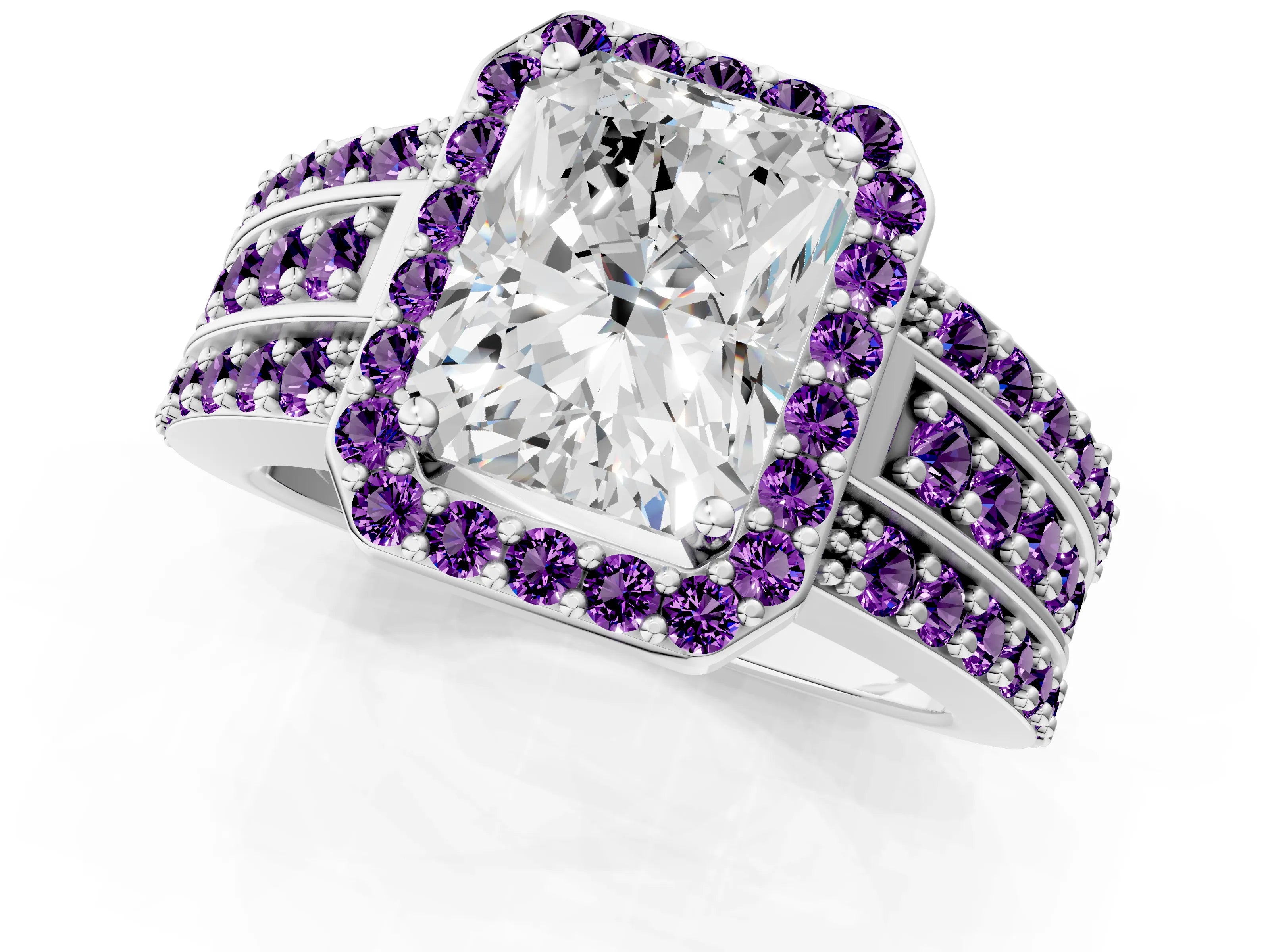 White gold Radiant Cut Halo Diamond Ring with Round with Amethyst side stone Split Shank and Prong Setting_37