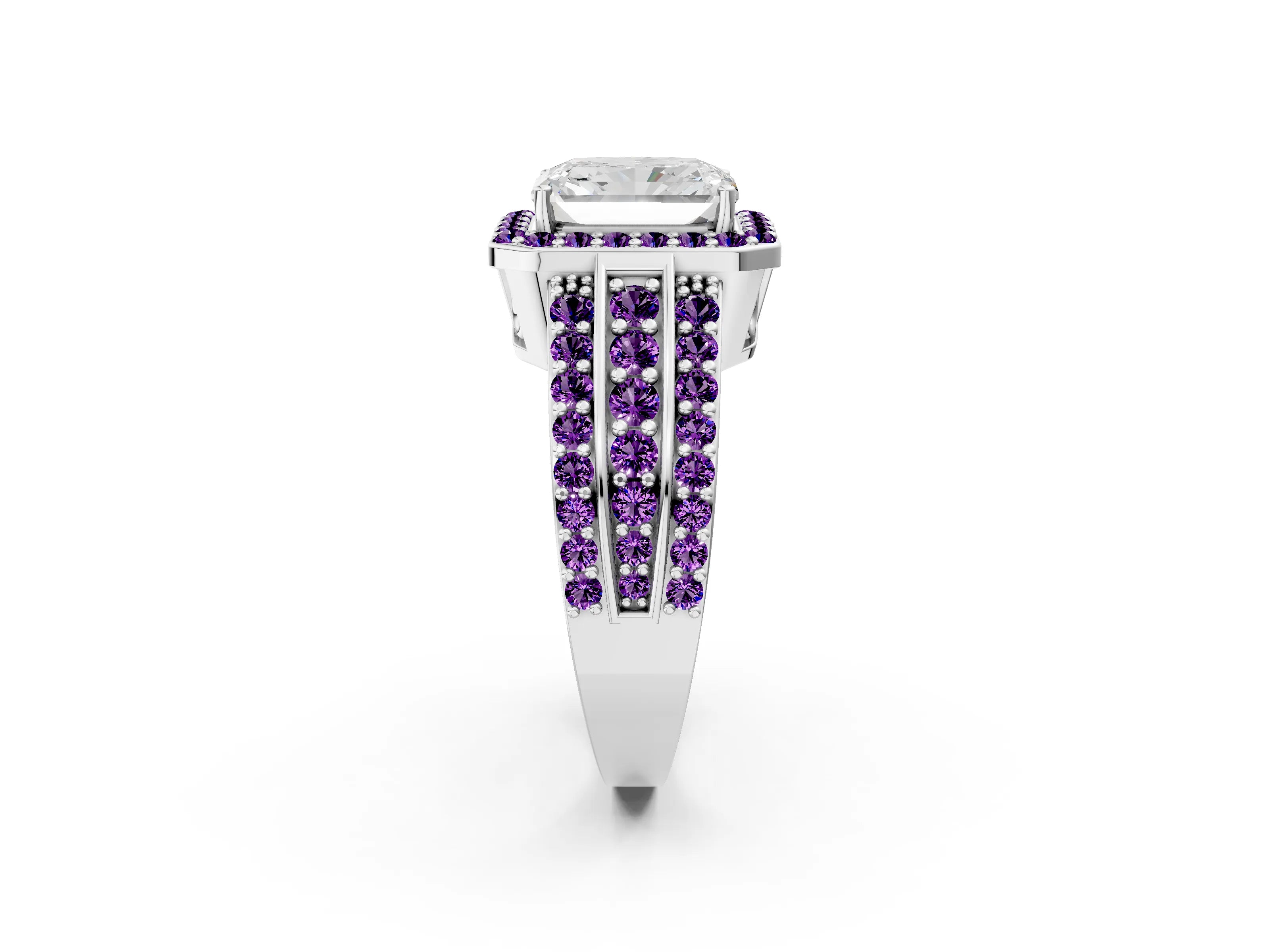 White gold Radiant Cut Halo Diamond Ring with Round with Amethyst side stone Split Shank and Prong Setting_38
