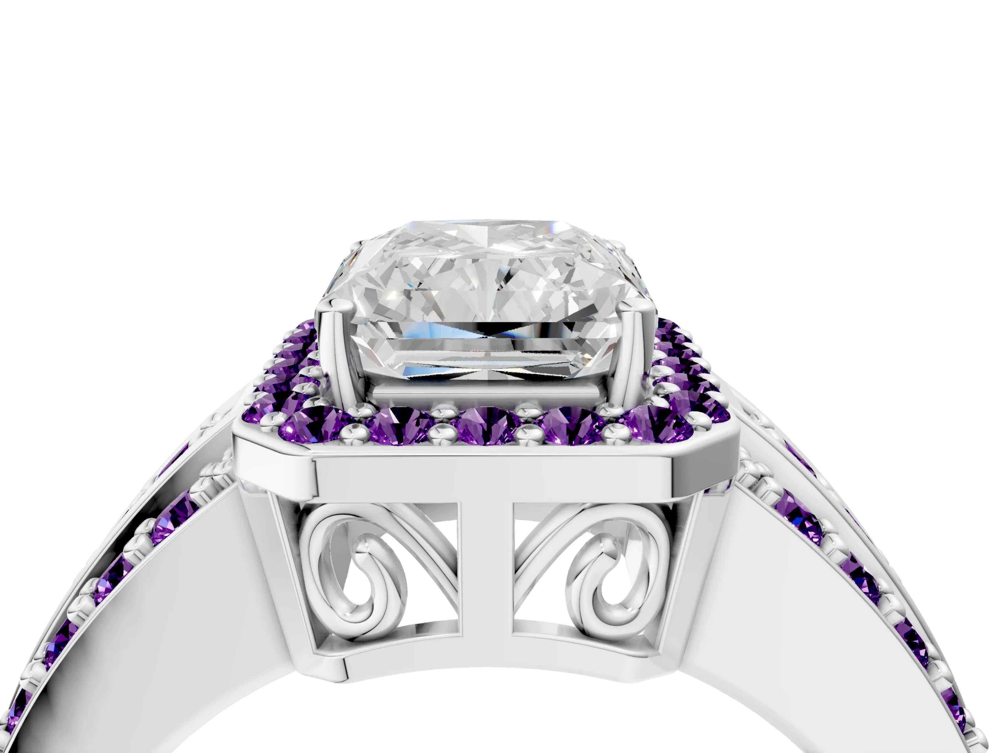 White gold Radiant Cut Halo Diamond Ring with Round with Amethyst side stone Split Shank and Prong Setting_40