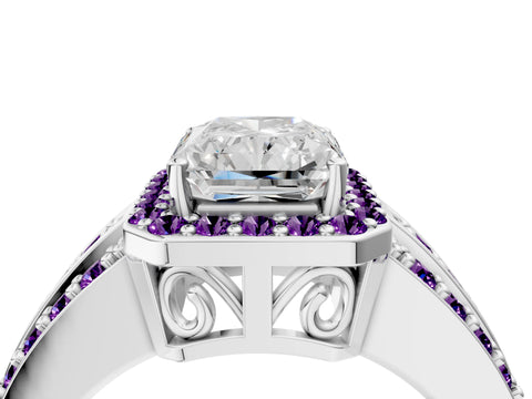 White gold Radiant Cut Halo Diamond Ring with Round with Amethyst side stone Split Shank and Prong Setting_40