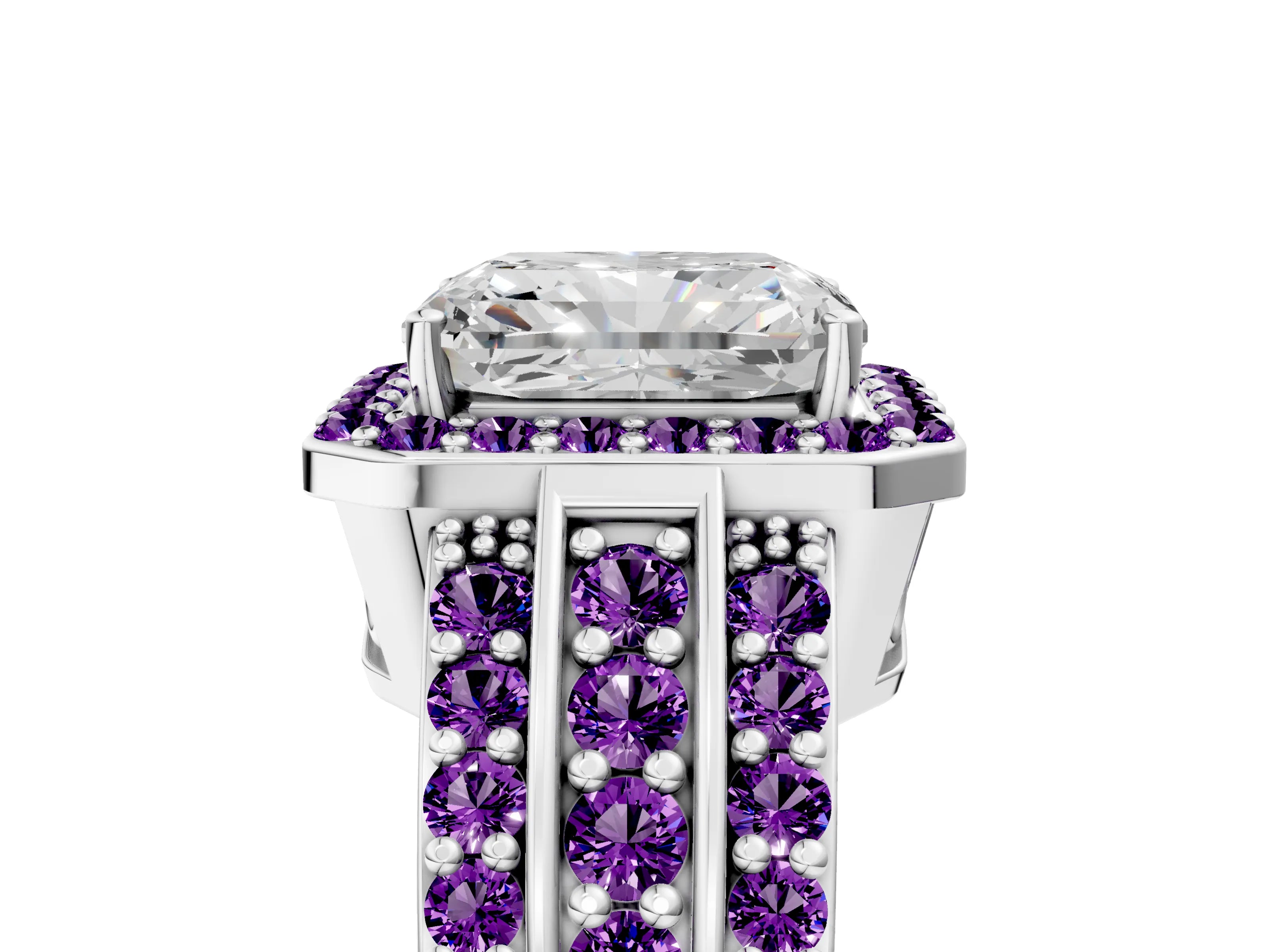 White gold Radiant Cut Halo Diamond Ring with Round with Amethyst side stone Split Shank and Prong Setting_41