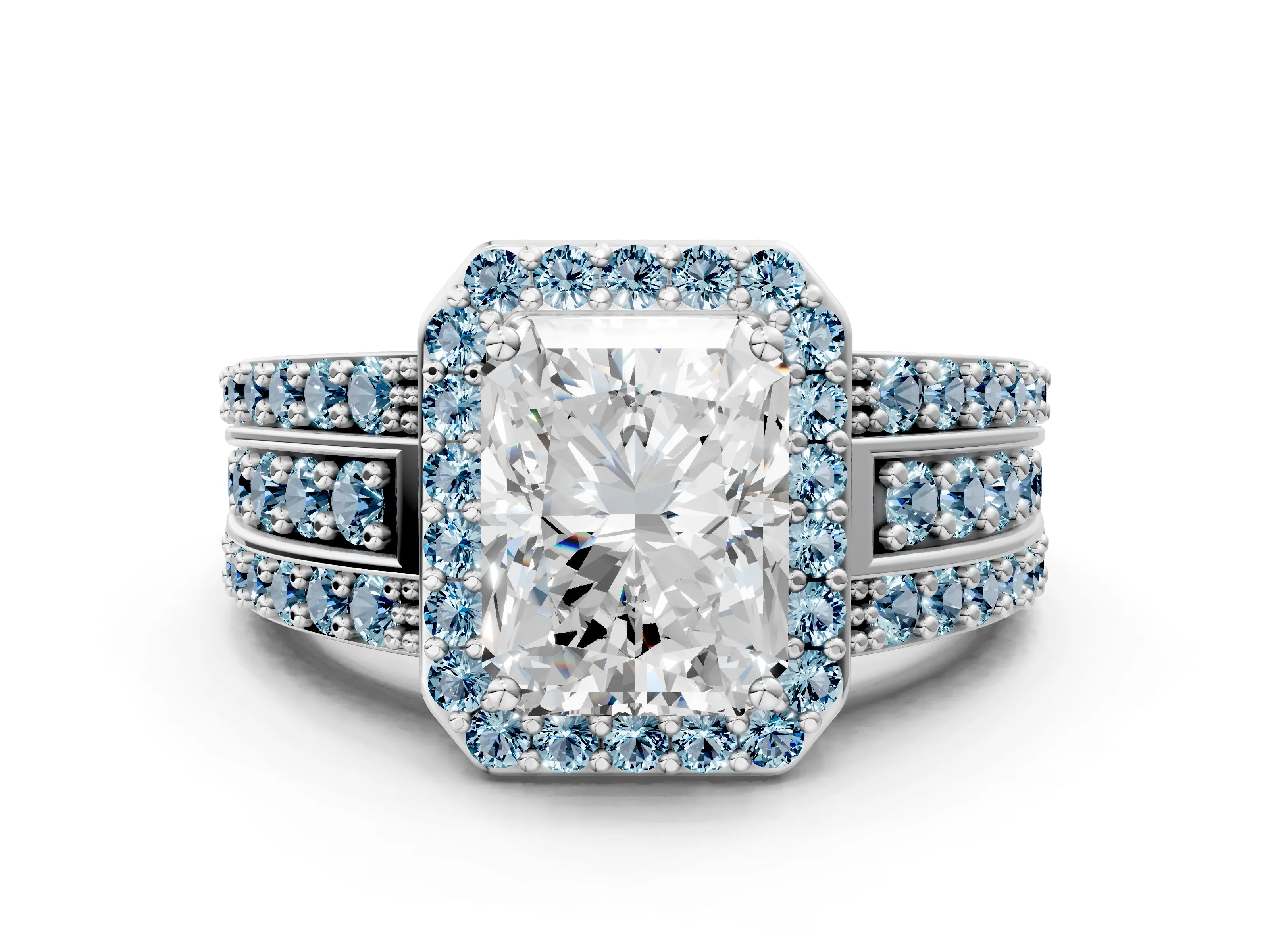 White gold Radiant Cut Halo Diamond Ring with Round with Aquamarine side stone Split Shank and Prong Setting_12