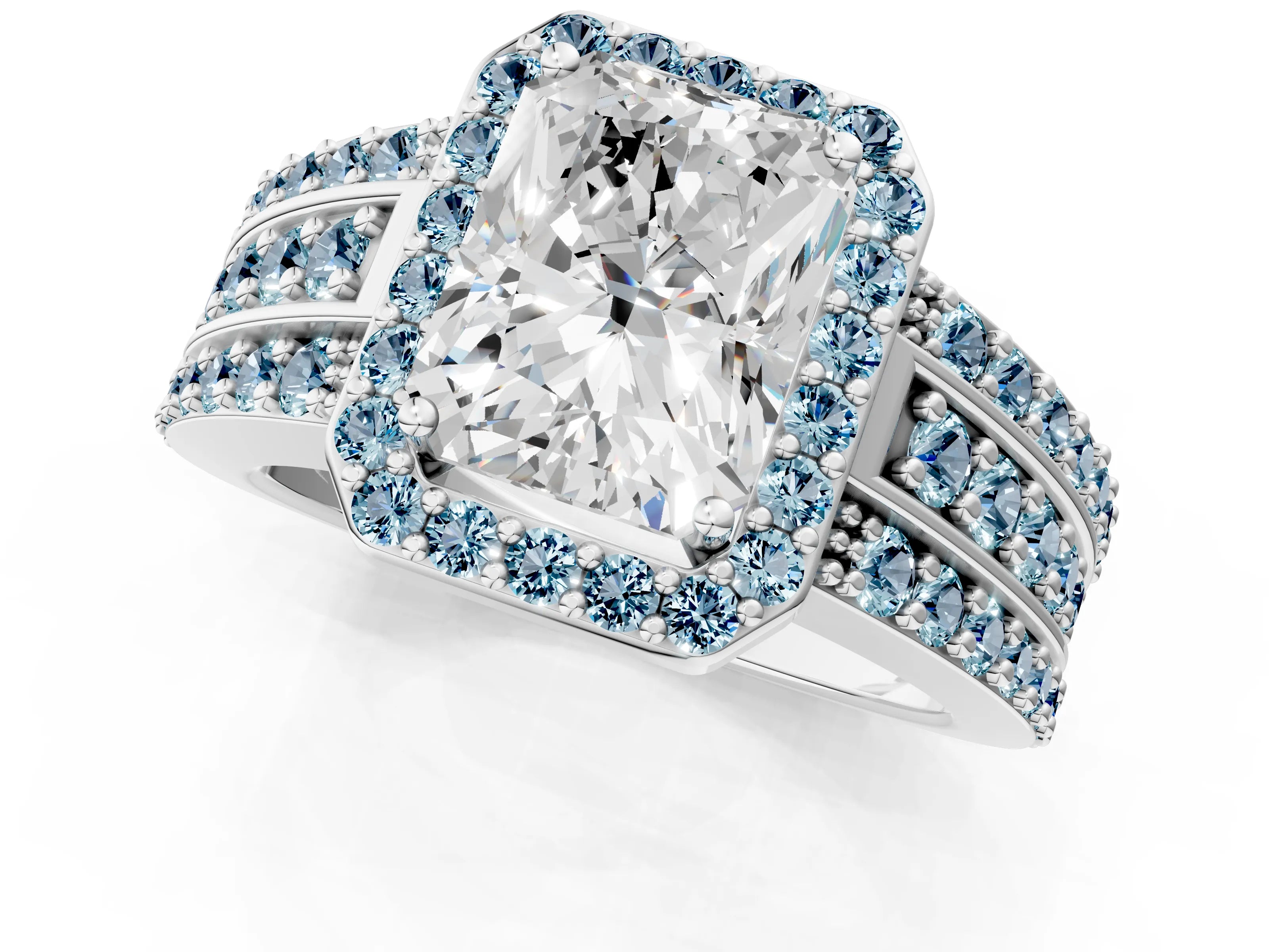 White gold Radiant Cut Halo Diamond Ring with Round with Aquamarine side stone Split Shank and Prong Setting_13