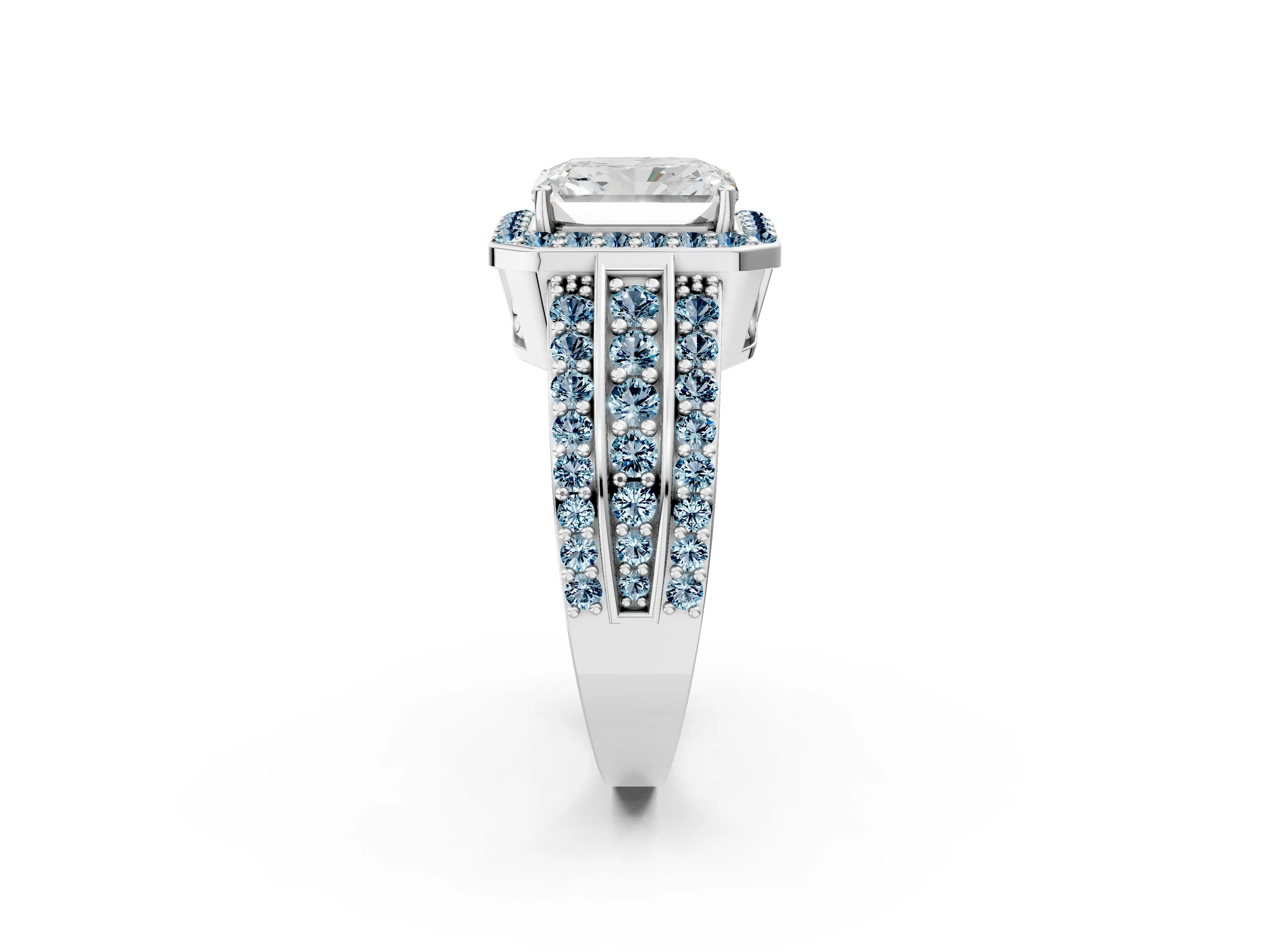 White gold Radiant Cut Halo Diamond Ring with Round with Aquamarine side stone Split Shank and Prong Setting_14