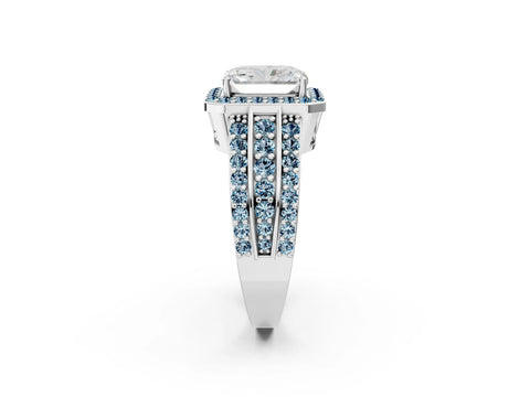 White gold Radiant Cut Halo Diamond Ring with Round with Aquamarine side stone Split Shank and Prong Setting_14