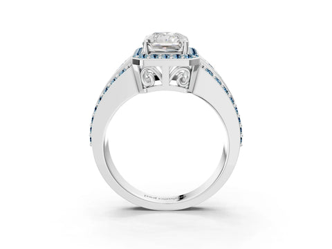 White gold Radiant Cut Halo Diamond Ring with Round with Aquamarine side stone Split Shank and Prong Setting_15