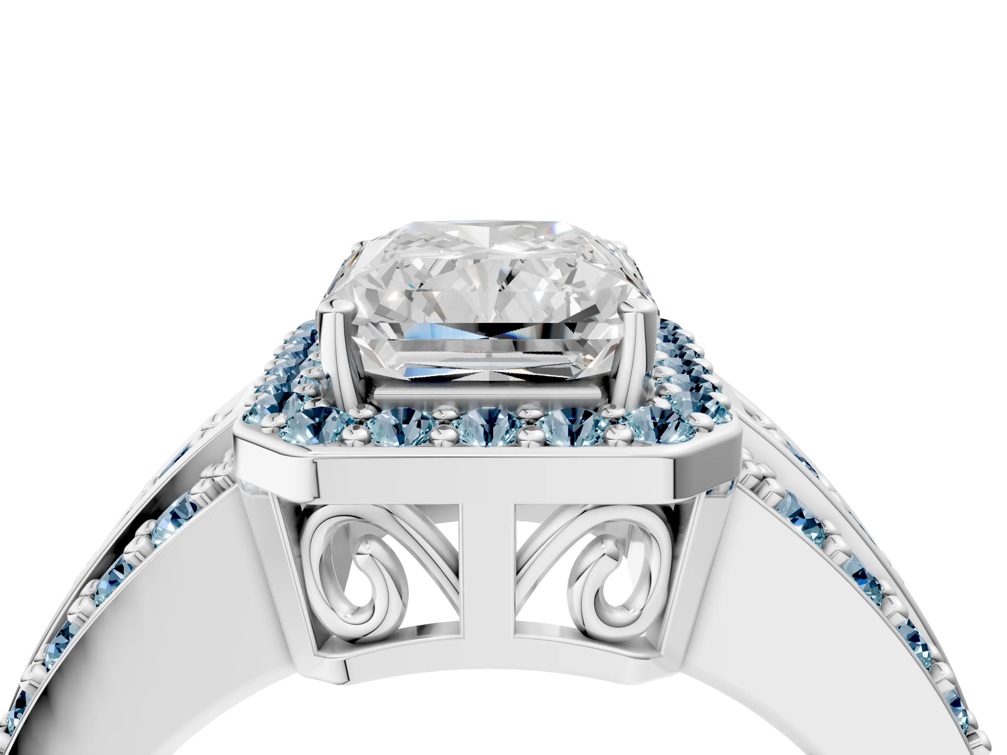 White gold Radiant Cut Halo Diamond Ring with Round with Aquamarine side stone Split Shank and Prong Setting_16