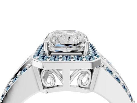 White gold Radiant Cut Halo Diamond Ring with Round with Aquamarine side stone Split Shank and Prong Setting_16
