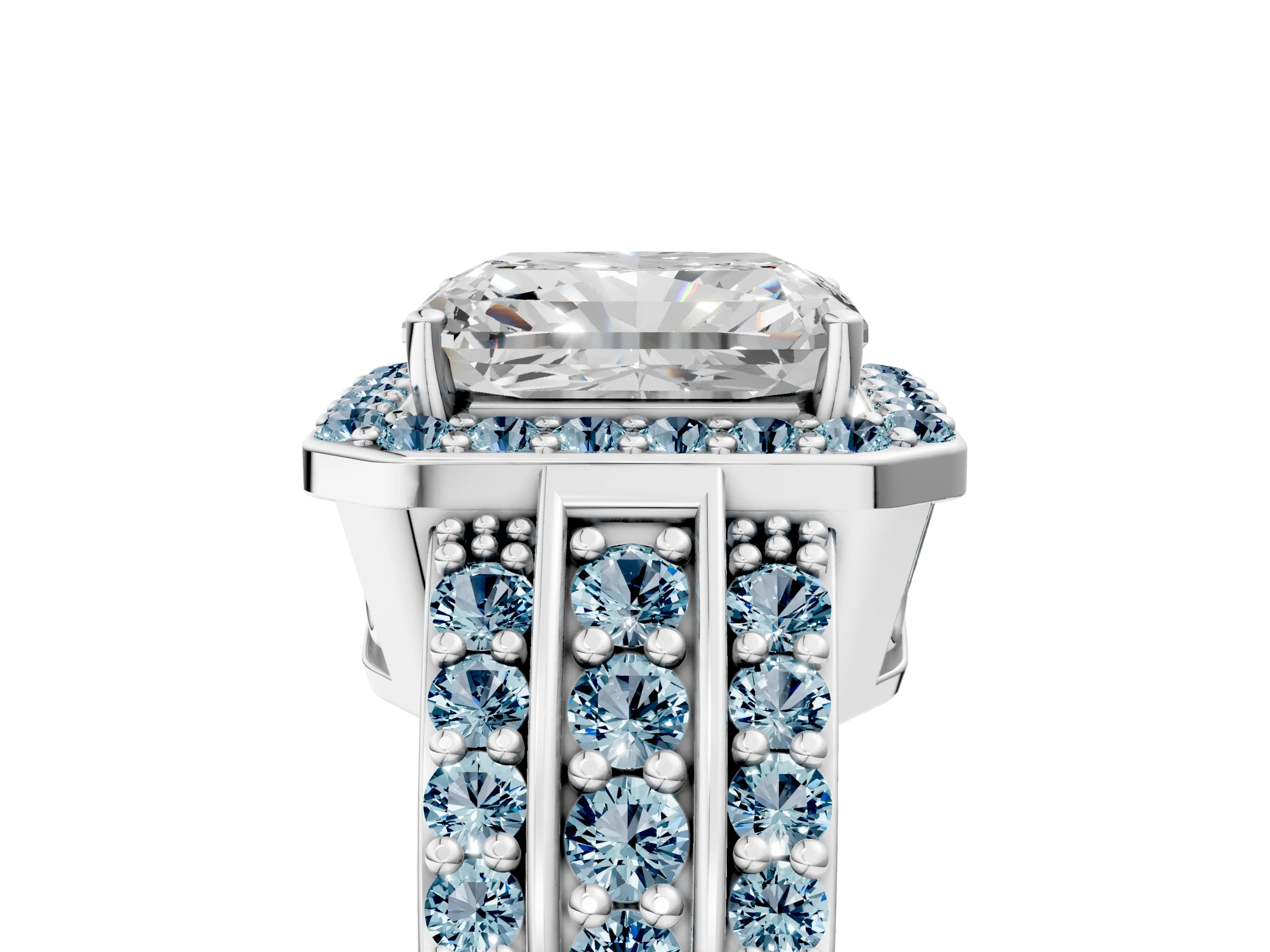 White gold Radiant Cut Halo Diamond Ring with Round with Aquamarine side stone Split Shank and Prong Setting_17