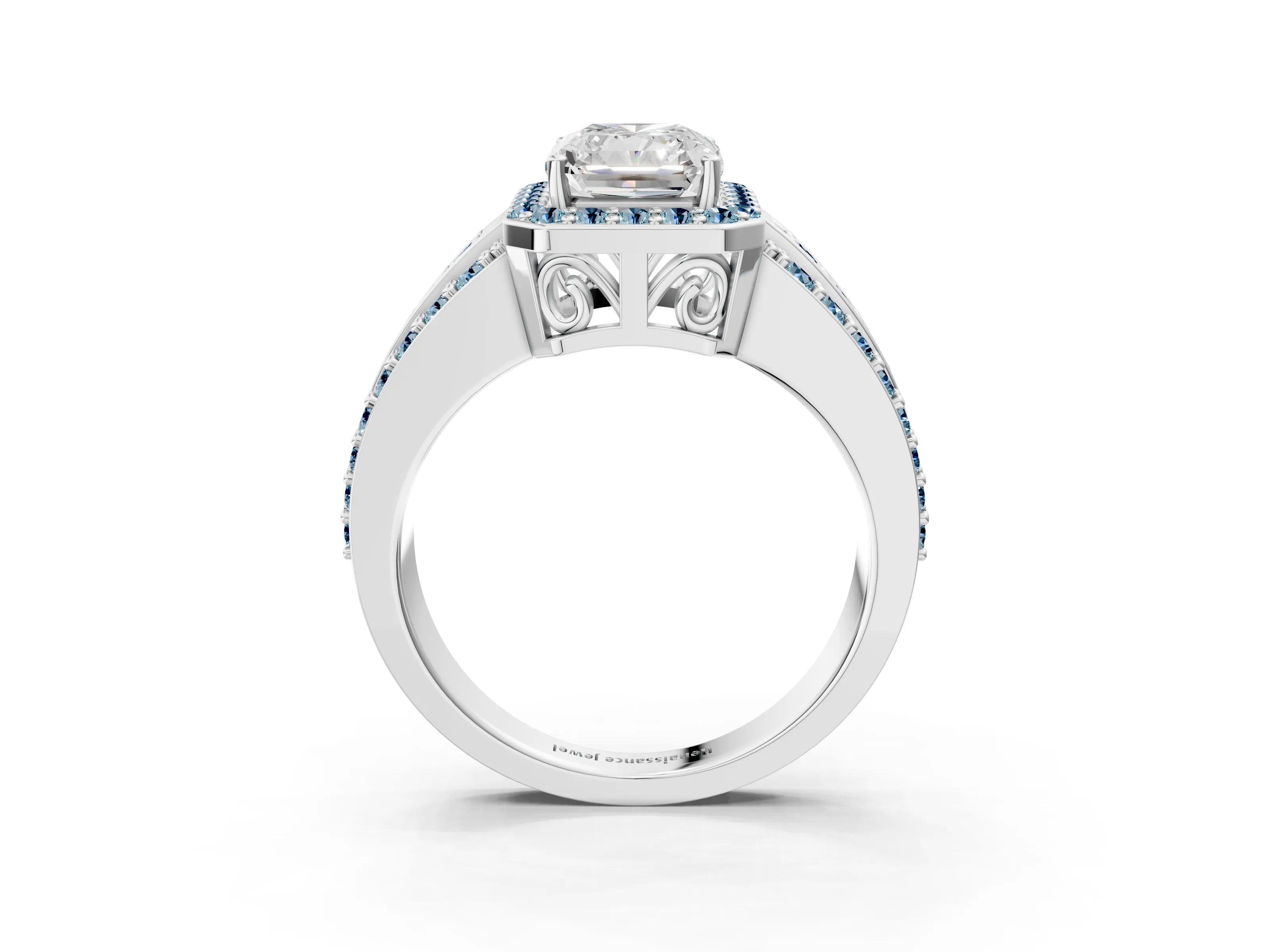 White gold Radiant Cut Halo Diamond Ring with Round with Aquamarine side stone Split Shank and Prong Setting_39