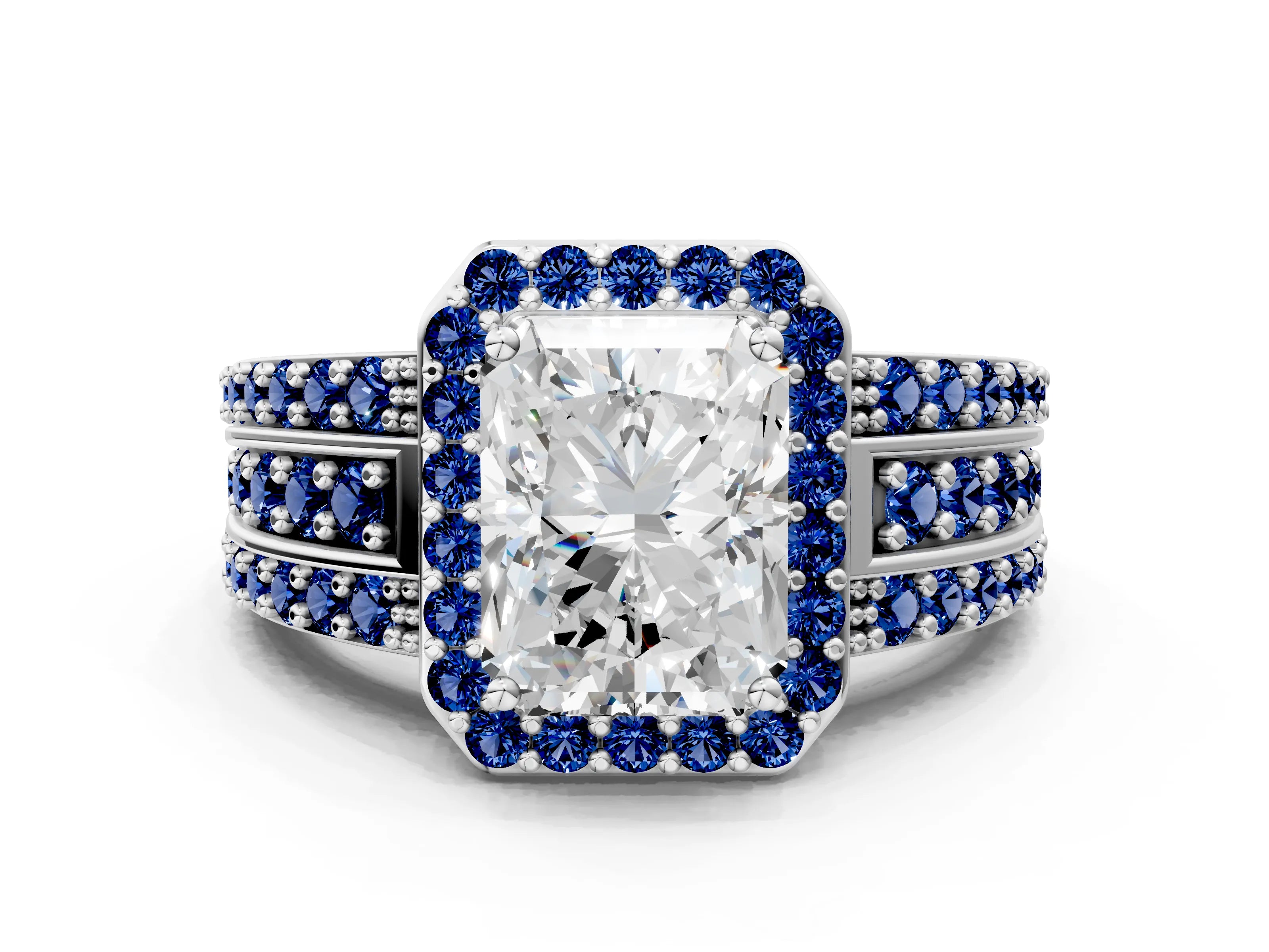 White gold Radiant Cut Halo Diamond Ring with Round with Blue Sapphire side stone Split Shank and Prong Setting_24