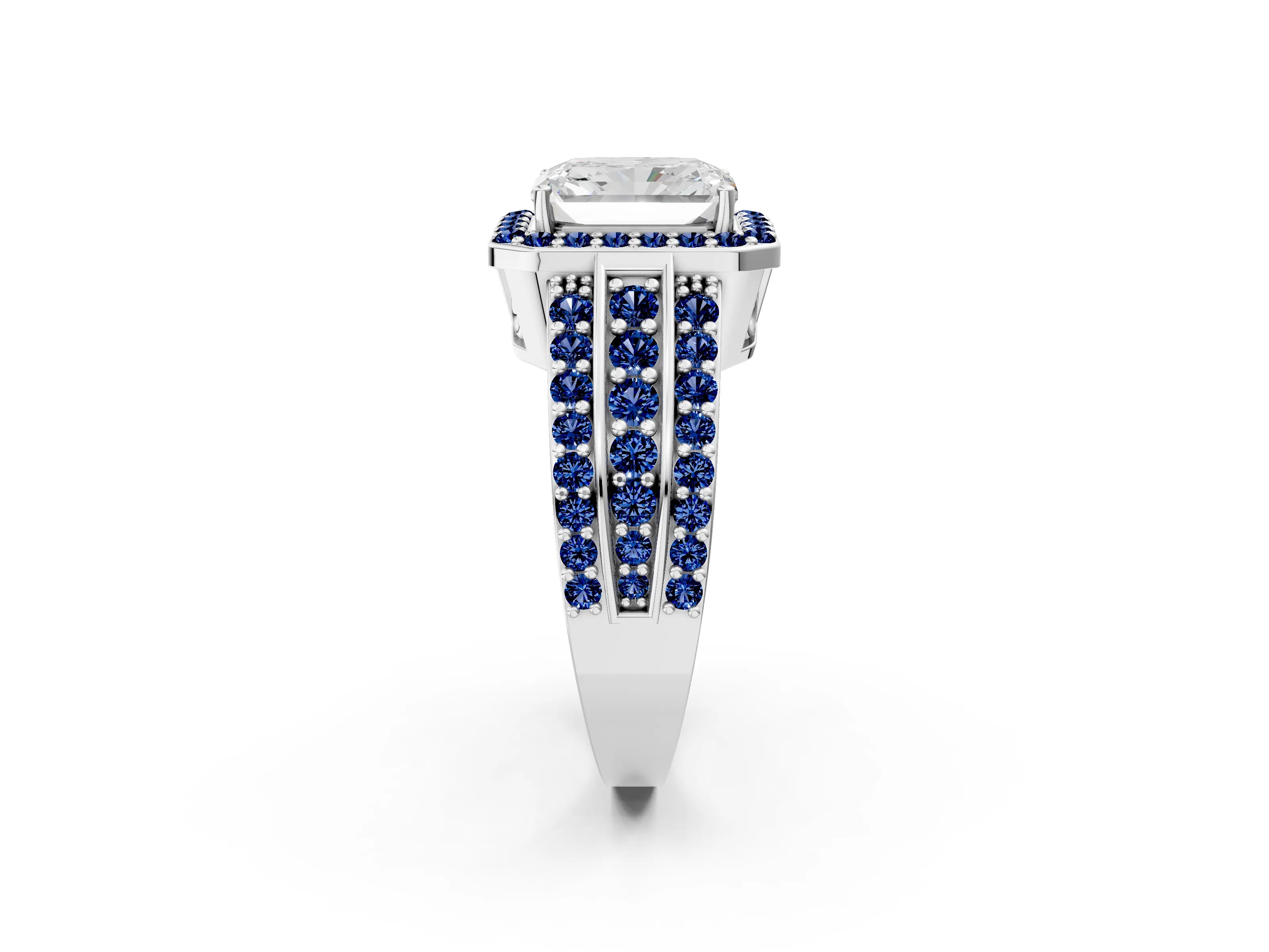 White gold Radiant Cut Halo Diamond Ring with Round with Blue Sapphire side stone Split Shank and Prong Setting_26