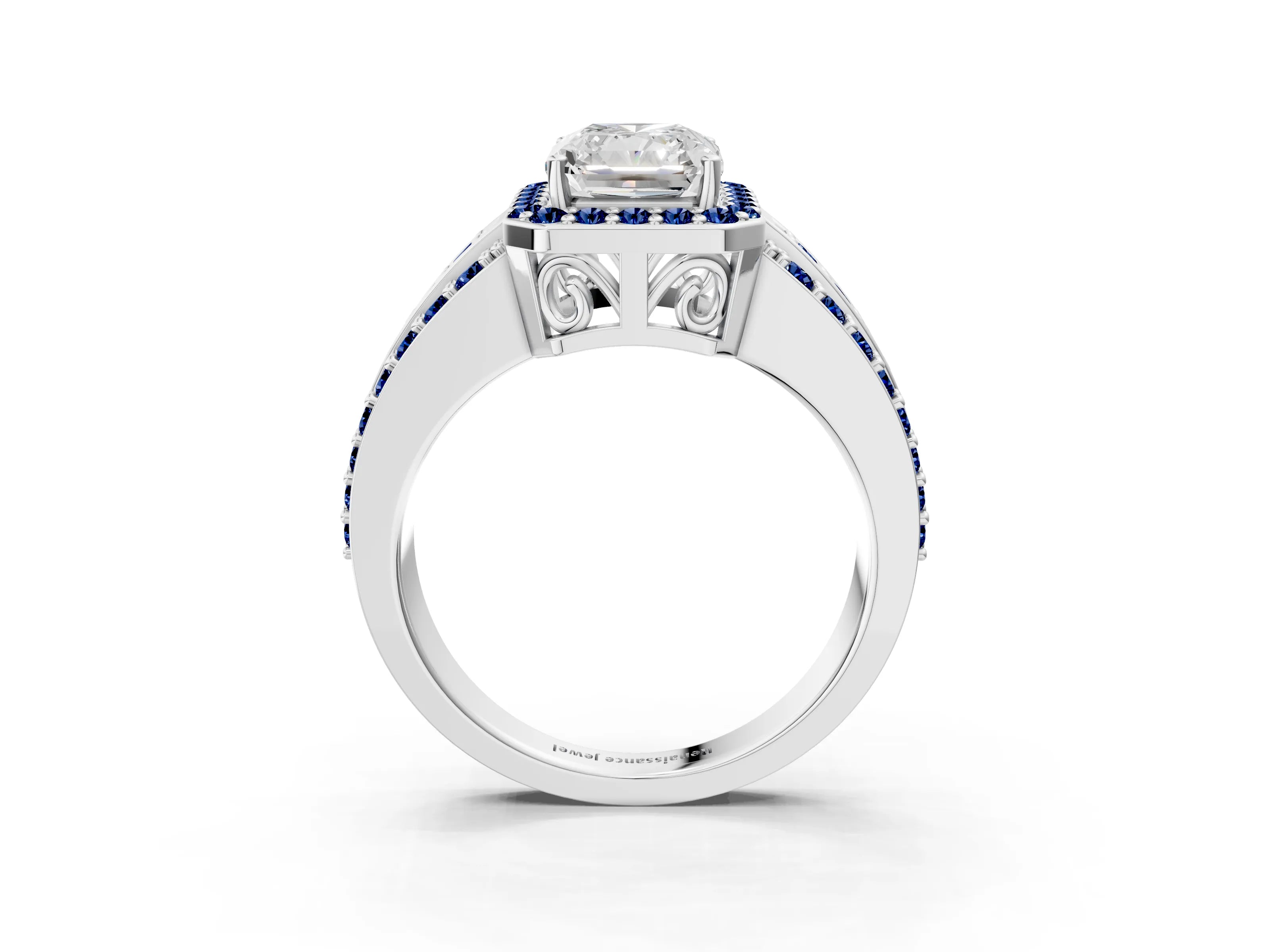 White gold Radiant Cut Halo Diamond Ring with Round with Blue Sapphire side stone Split Shank and Prong Setting_27