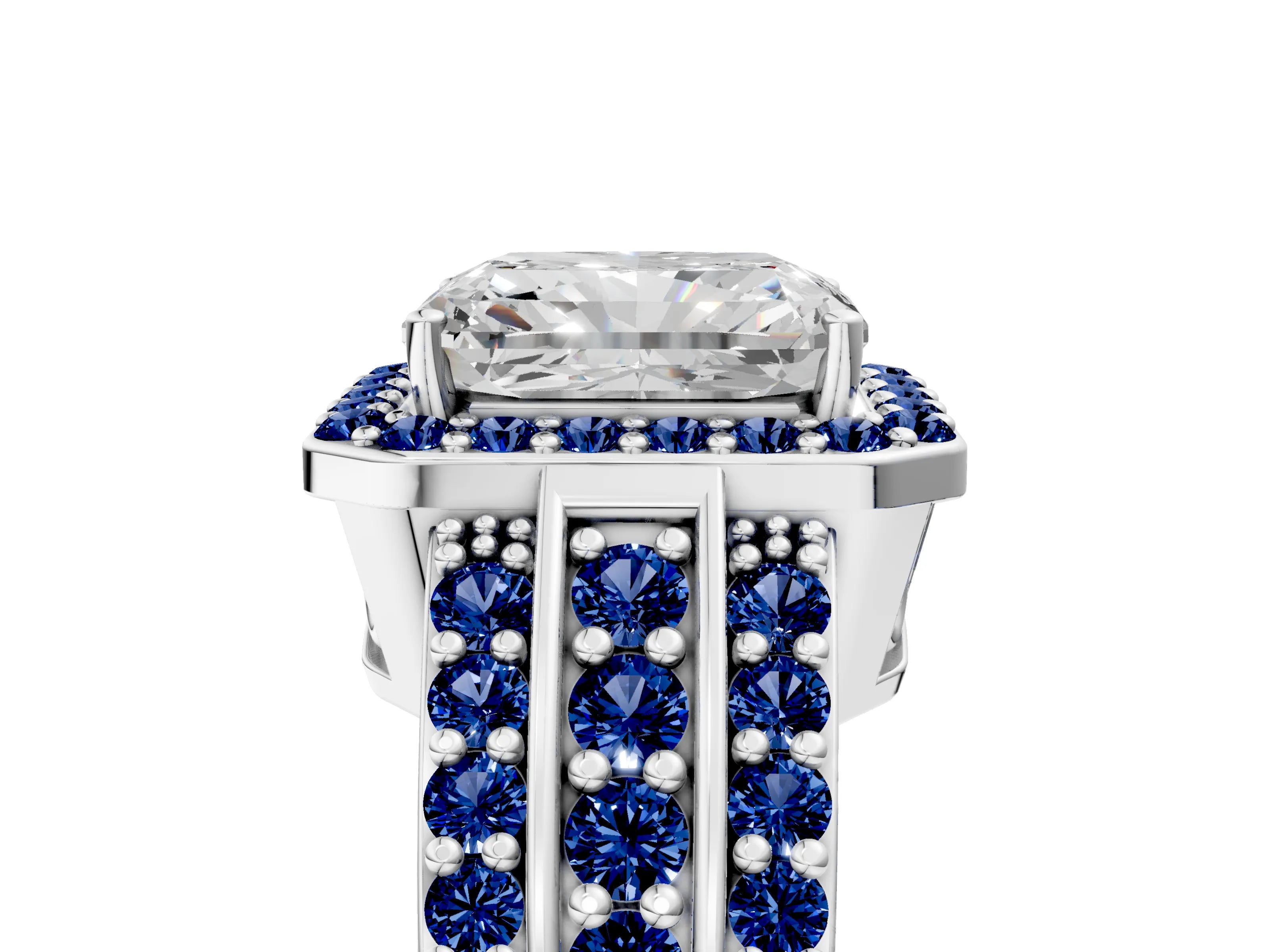 White gold Radiant Cut Halo Diamond Ring with Round with Blue Sapphire side stone Split Shank and Prong Setting_29
