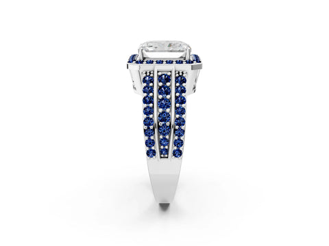White gold Radiant Cut Halo Diamond Ring with Round with Blue Sapphire side stone Split Shank and Prong Setting_50