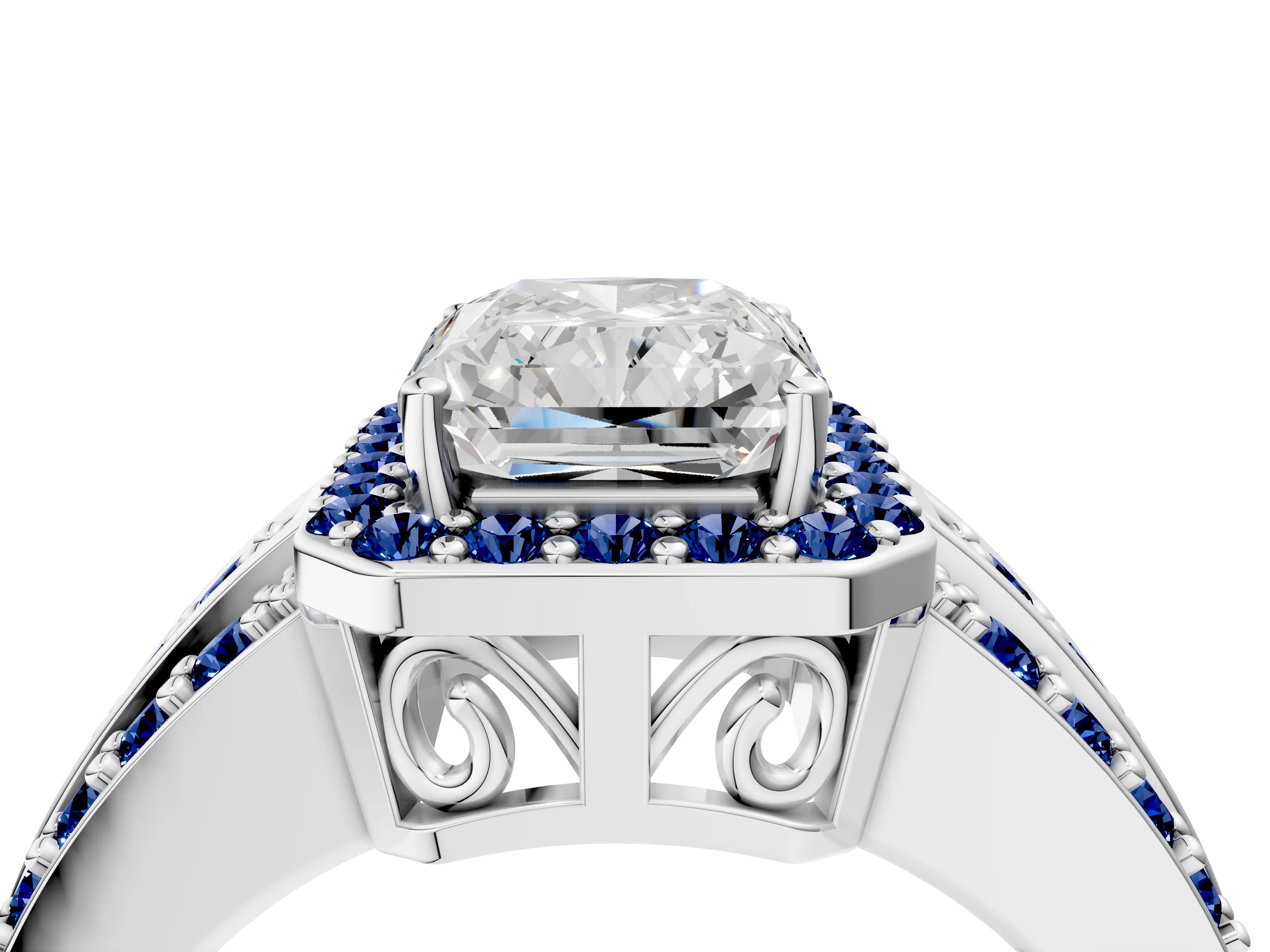 White gold Radiant Cut Halo Diamond Ring with Round with Blue Sapphire side stone Split Shank and Prong Setting_52