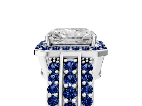 White gold Radiant Cut Halo Diamond Ring with Round with Blue Sapphire side stone Split Shank and Prong Setting_53