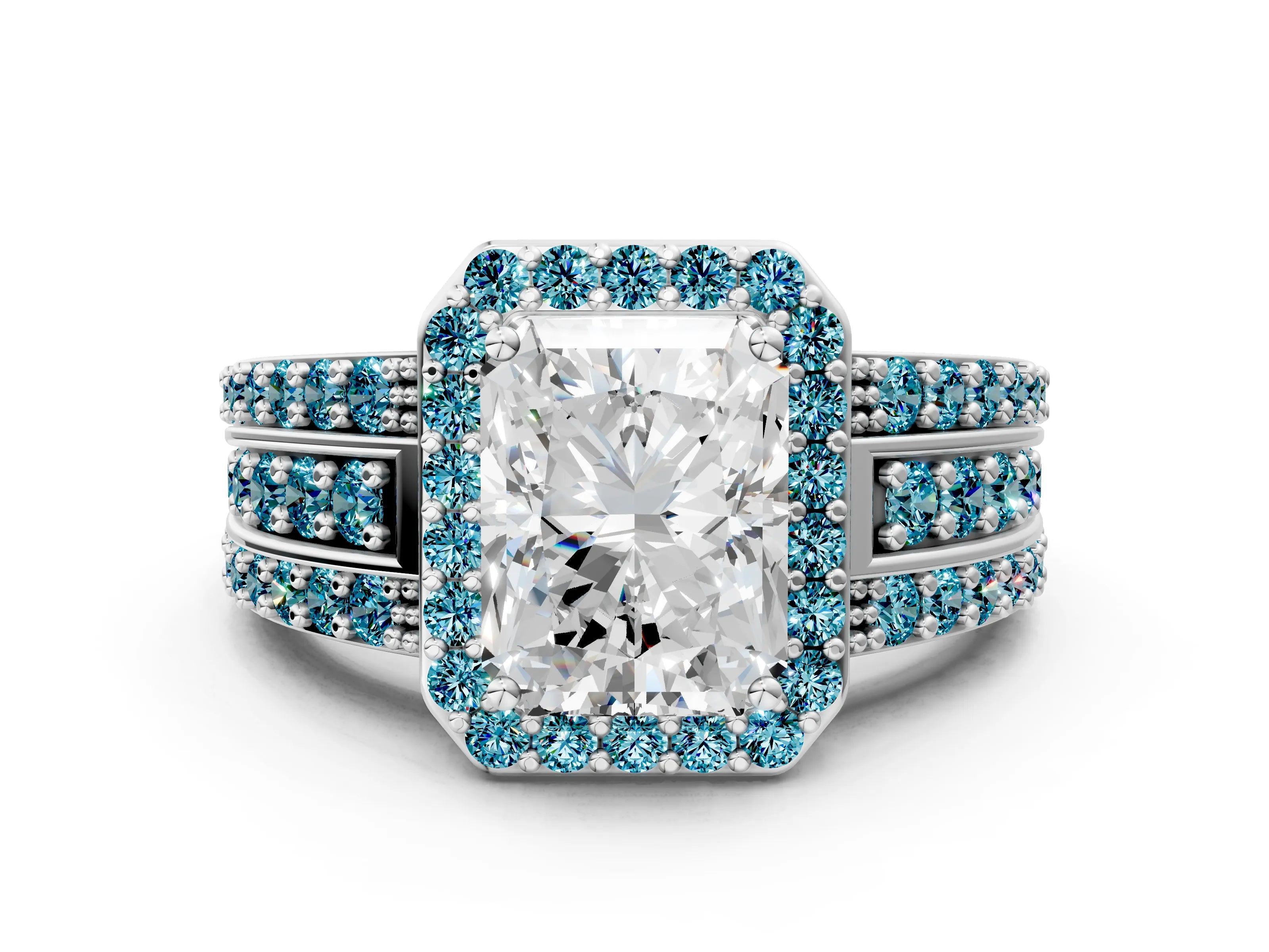White gold Radiant Cut Halo Diamond Ring with Round with Blue Topaz side stone Split Shank and Prong Setting_48
