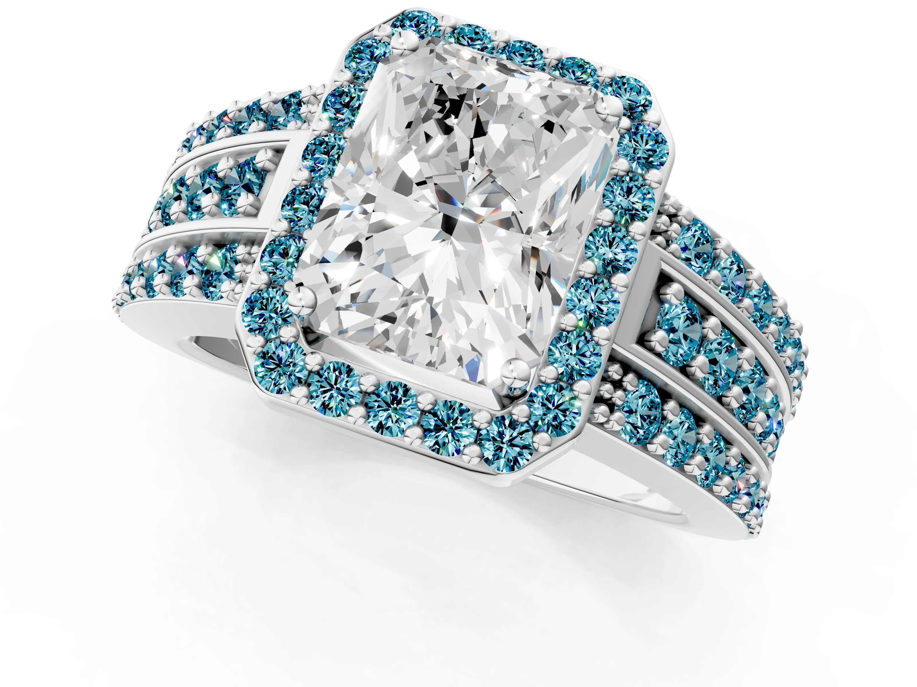 White gold Radiant Cut Halo Diamond Ring with Round with Blue Topaz side stone Split Shank and Prong Setting_49