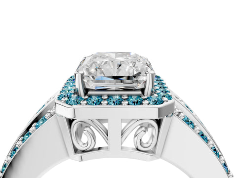 White gold Radiant Cut Halo Diamond Ring with Round with Blue Topaz side stone Split Shank and Prong Setting_51