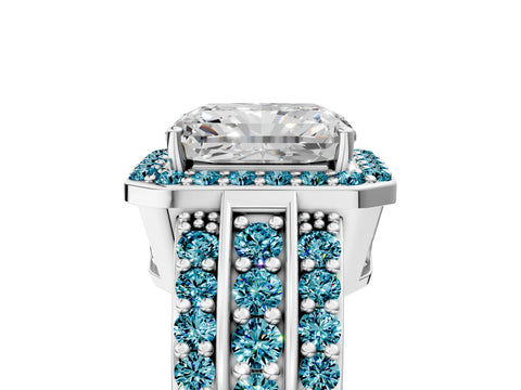 White gold Radiant Cut Halo Diamond Ring with Round with Blue Topaz side stone Split Shank and Prong Setting_53