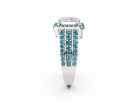 White gold Radiant Cut Halo Diamond Ring with Round with Blue Topaz side stone Split Shank and Prong Setting_68