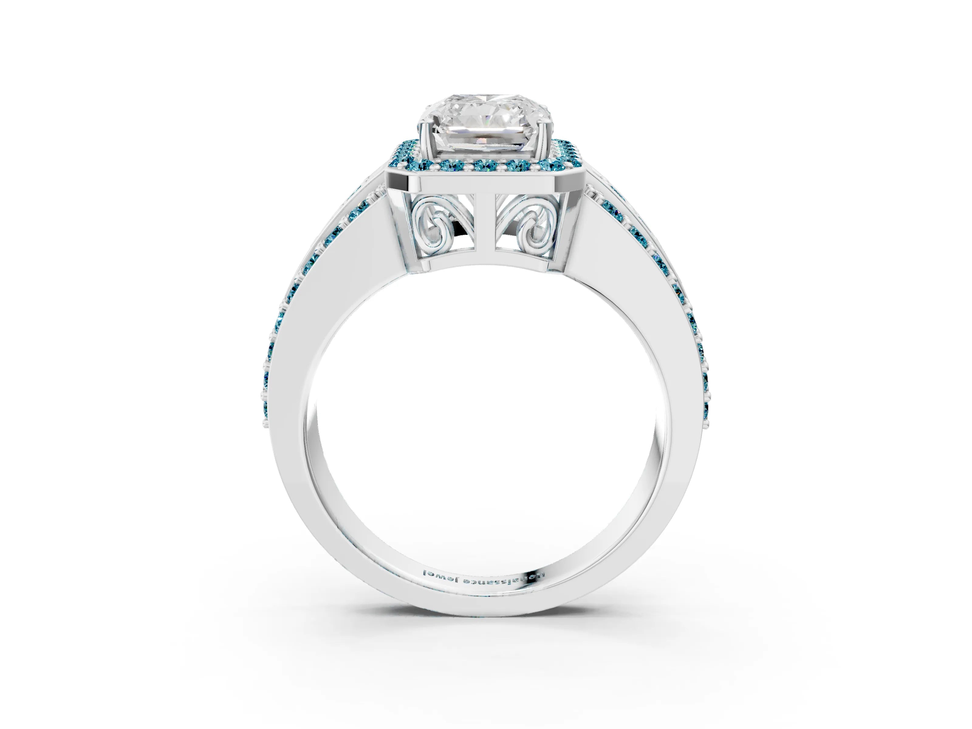 White gold Radiant Cut Halo Diamond Ring with Round with Blue Topaz side stone Split Shank and Prong Setting_69