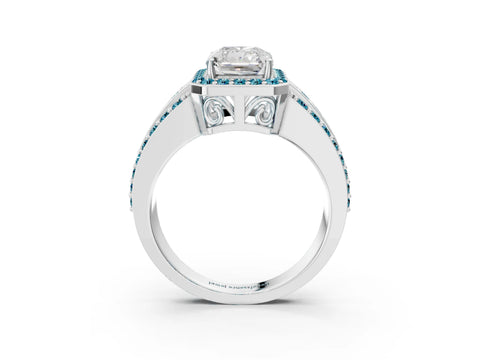 White gold Radiant Cut Halo Diamond Ring with Round with Blue Topaz side stone Split Shank and Prong Setting_69