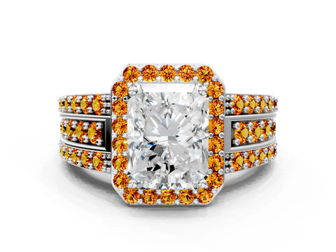 White gold Radiant Cut Halo Diamond Ring with Round with Citrine side stone Split Shank and Prong Setting_12