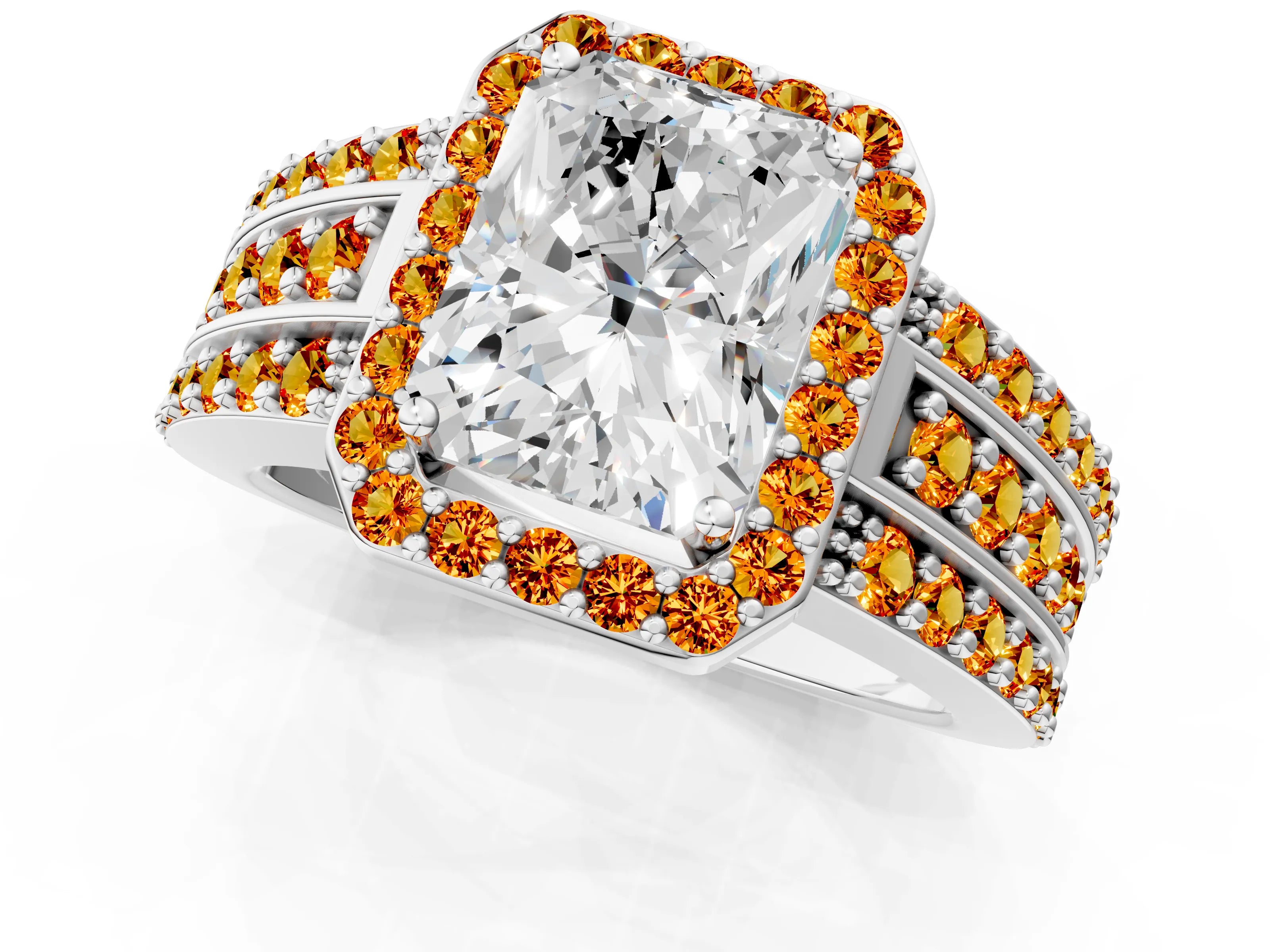 White gold Radiant Cut Halo Diamond Ring with Round with Citrine side stone Split Shank and Prong Setting_13