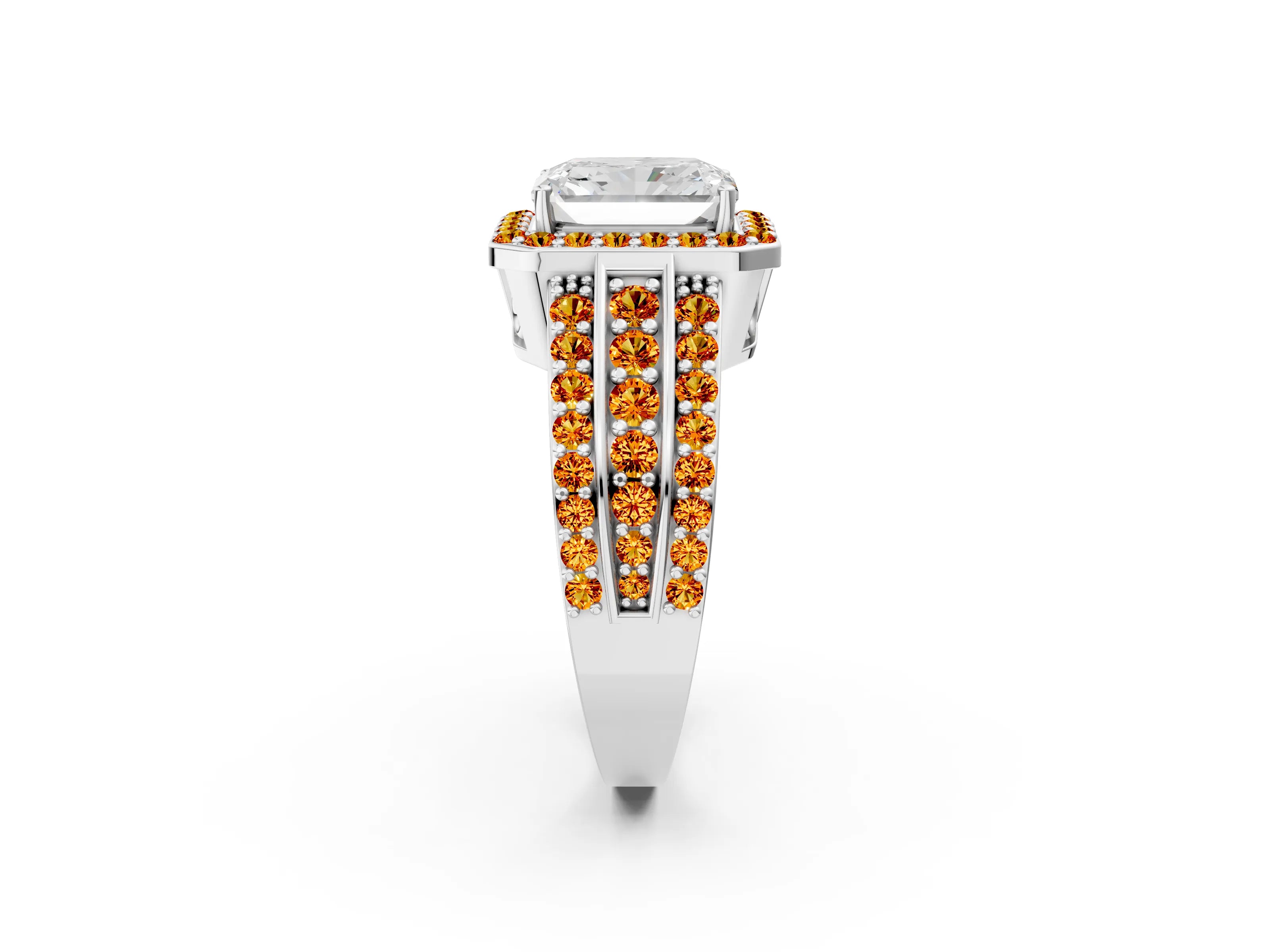 White gold Radiant Cut Halo Diamond Ring with Round with Citrine side stone Split Shank and Prong Setting_14