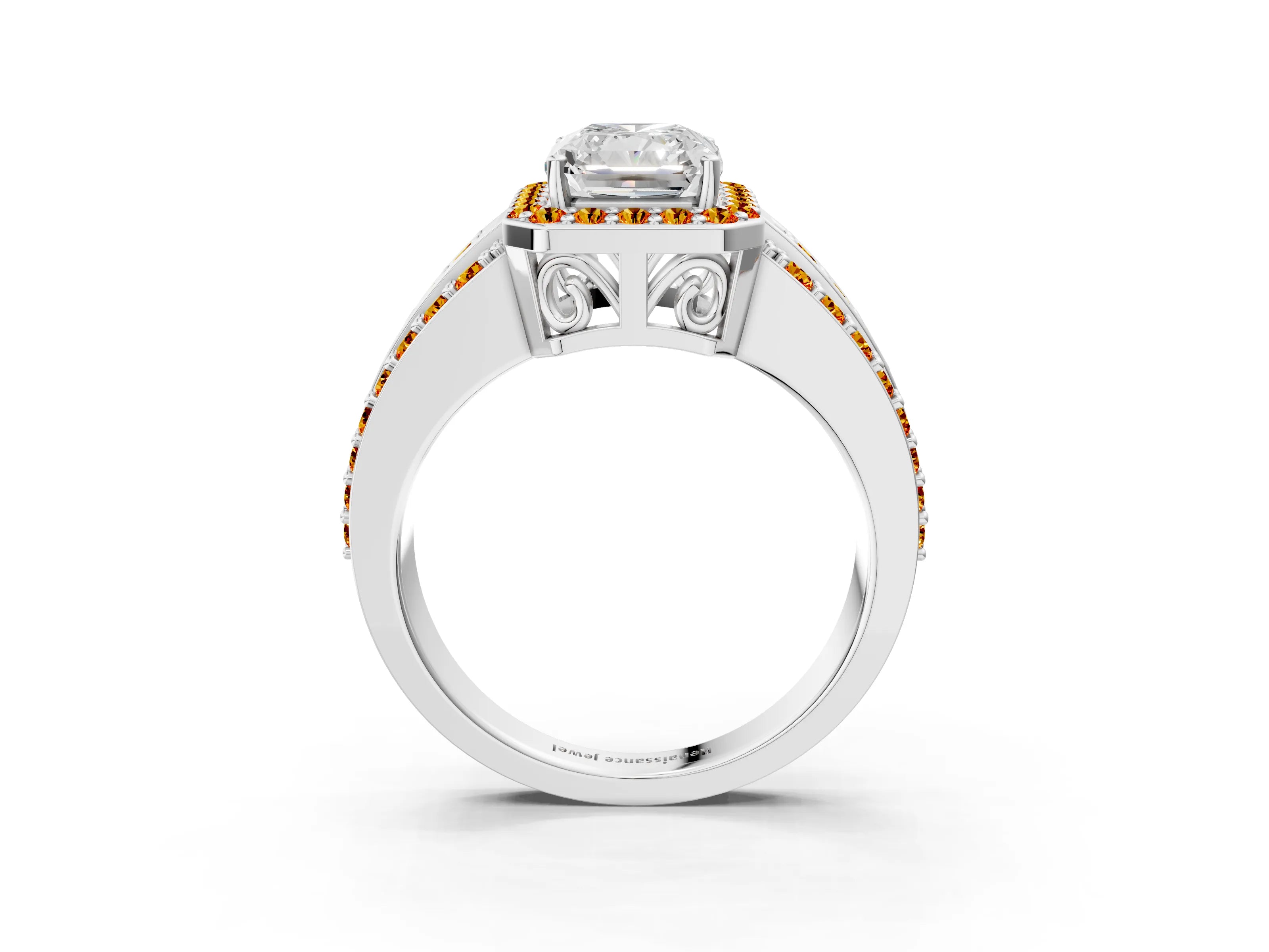White gold Radiant Cut Halo Diamond Ring with Round with Citrine side stone Split Shank and Prong Setting_15