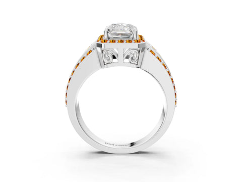 White gold Radiant Cut Halo Diamond Ring with Round with Citrine side stone Split Shank and Prong Setting_15