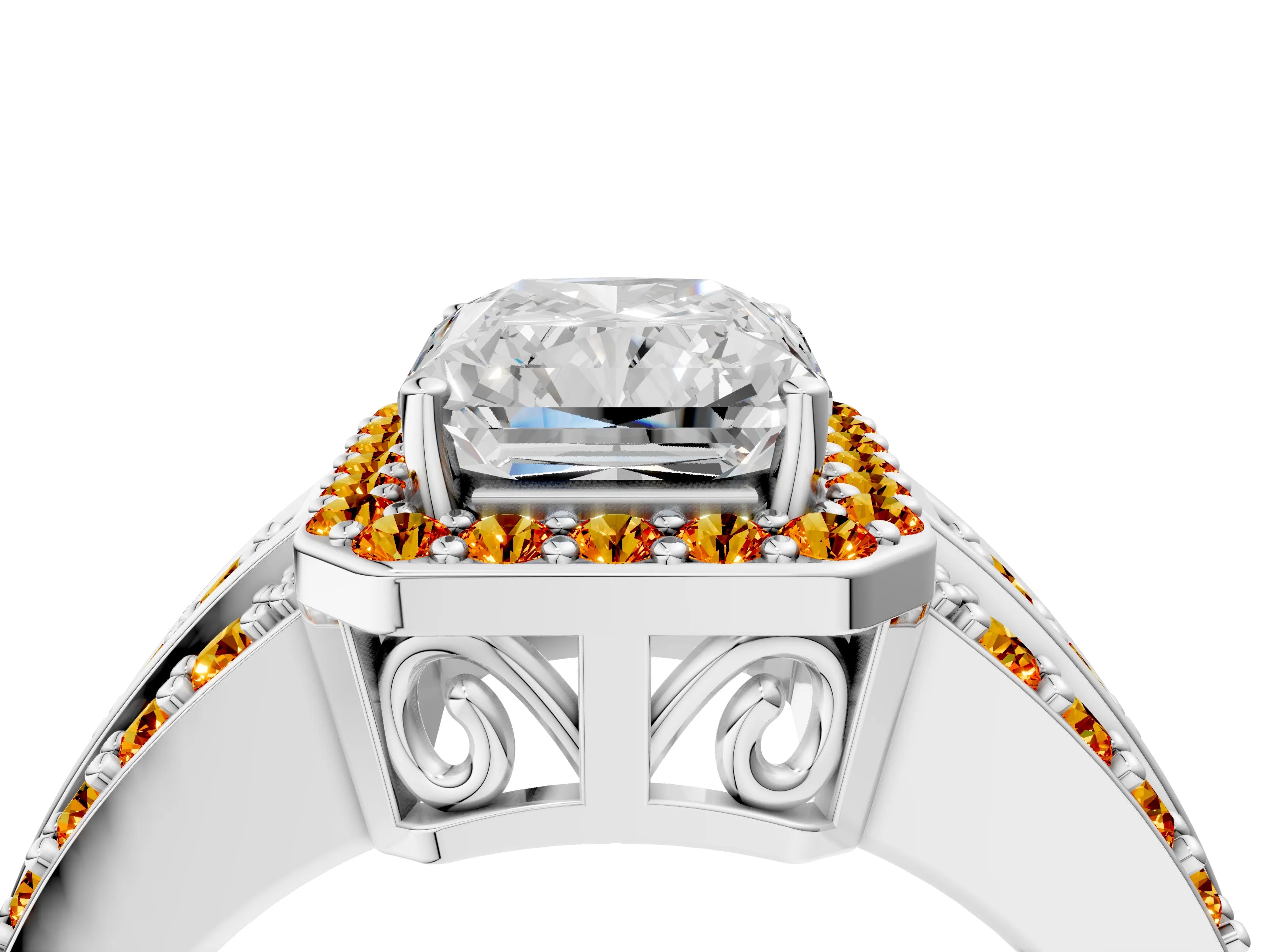 White gold Radiant Cut Halo Diamond Ring with Round with Citrine side stone Split Shank and Prong Setting_16