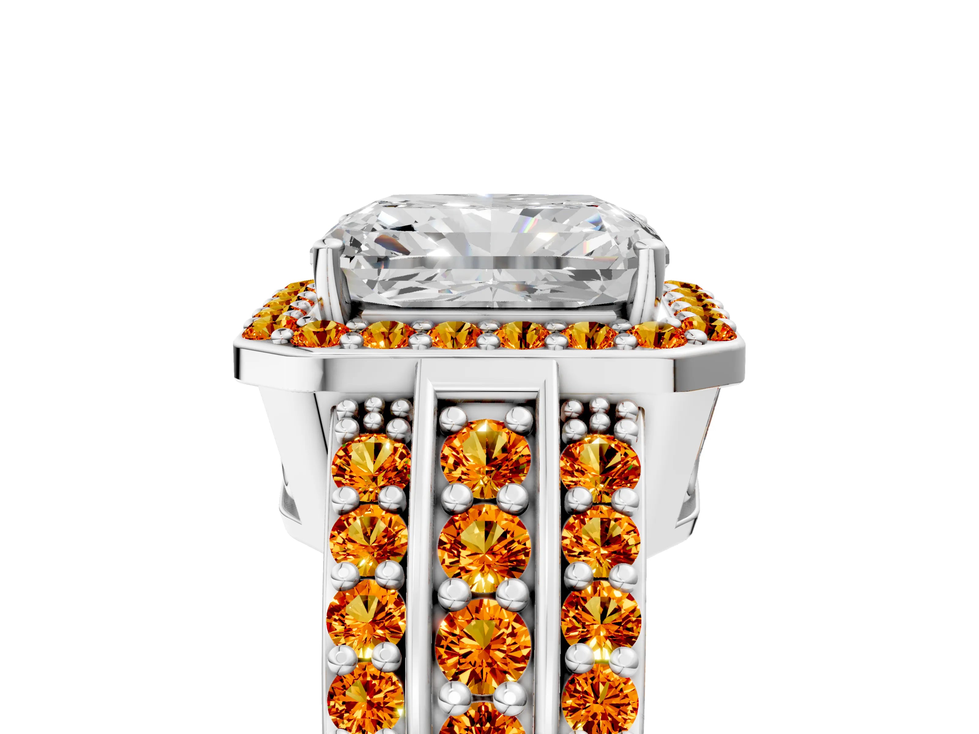 White gold Radiant Cut Halo Diamond Ring with Round with Citrine side stone Split Shank and Prong Setting_17
