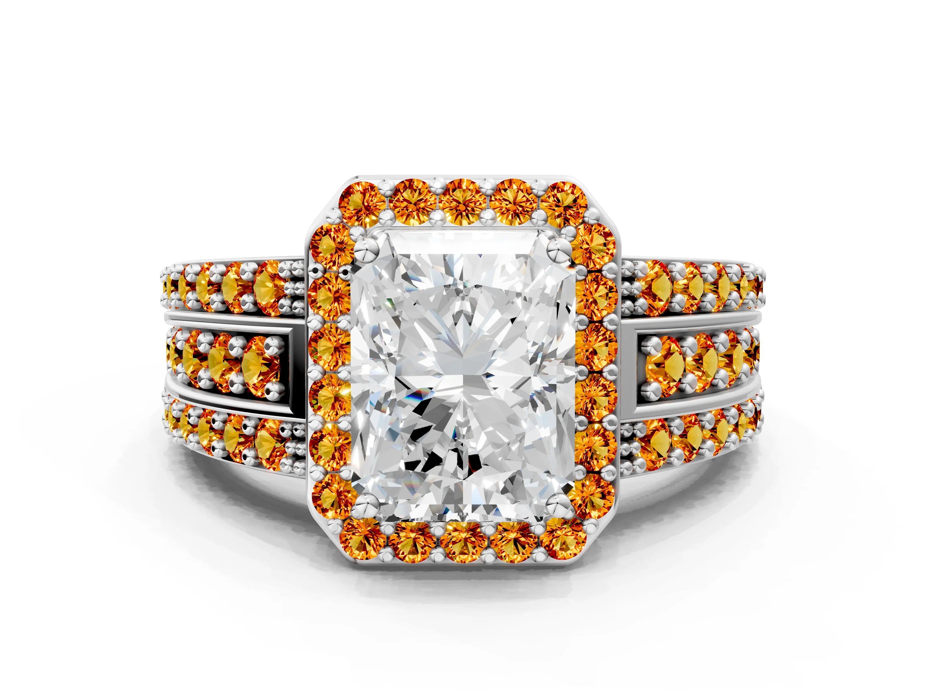 White gold Radiant Cut Halo Diamond Ring with Round with Citrine side stone Split Shank and Prong Setting_24