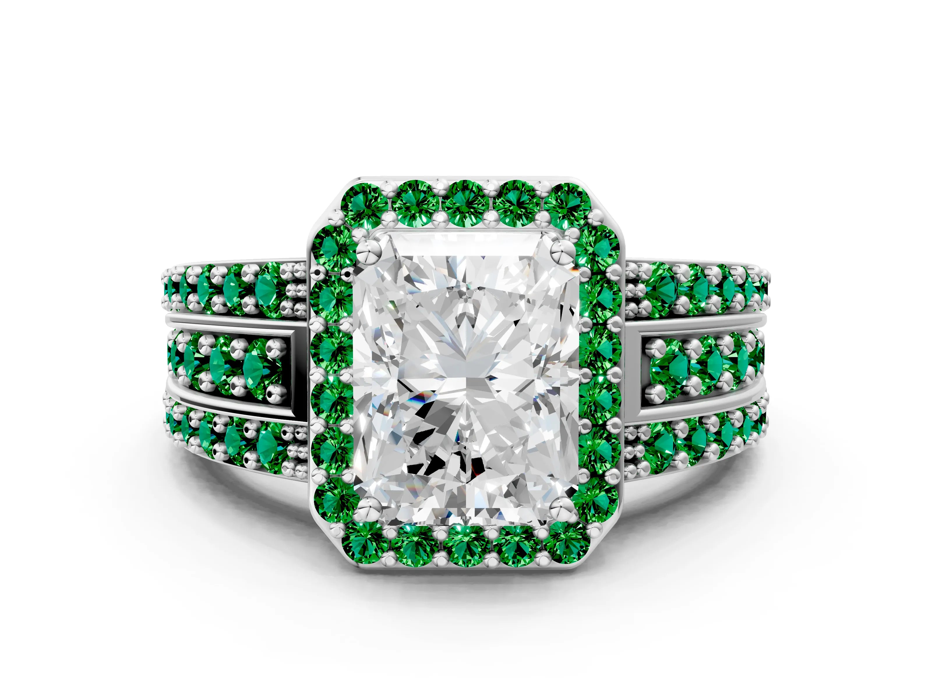 White gold Radiant Cut Halo Diamond Ring with Round with Emerald side stone Split Shank and Prong Setting_12