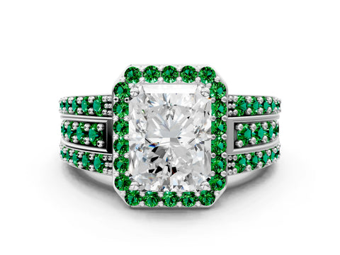 White gold Radiant Cut Halo Diamond Ring with Round with Emerald side stone Split Shank and Prong Setting_12