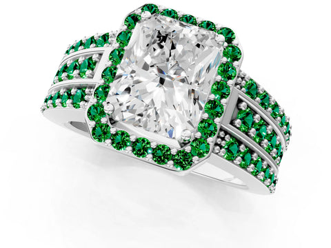 White gold Radiant Cut Halo Diamond Ring with Round with Emerald side stone Split Shank and Prong Setting_13