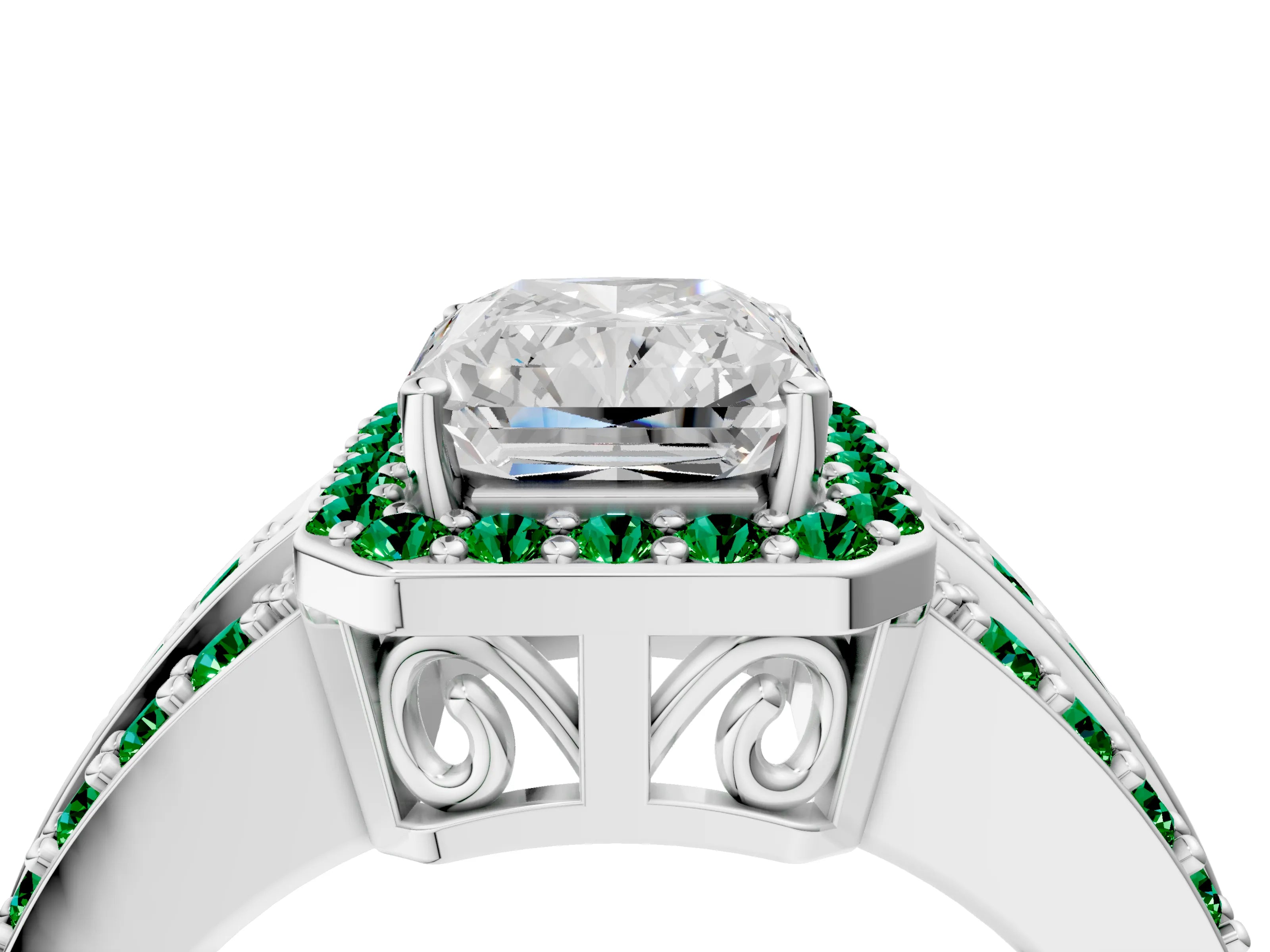 White gold Radiant Cut Halo Diamond Ring with Round with Emerald side stone Split Shank and Prong Setting_16